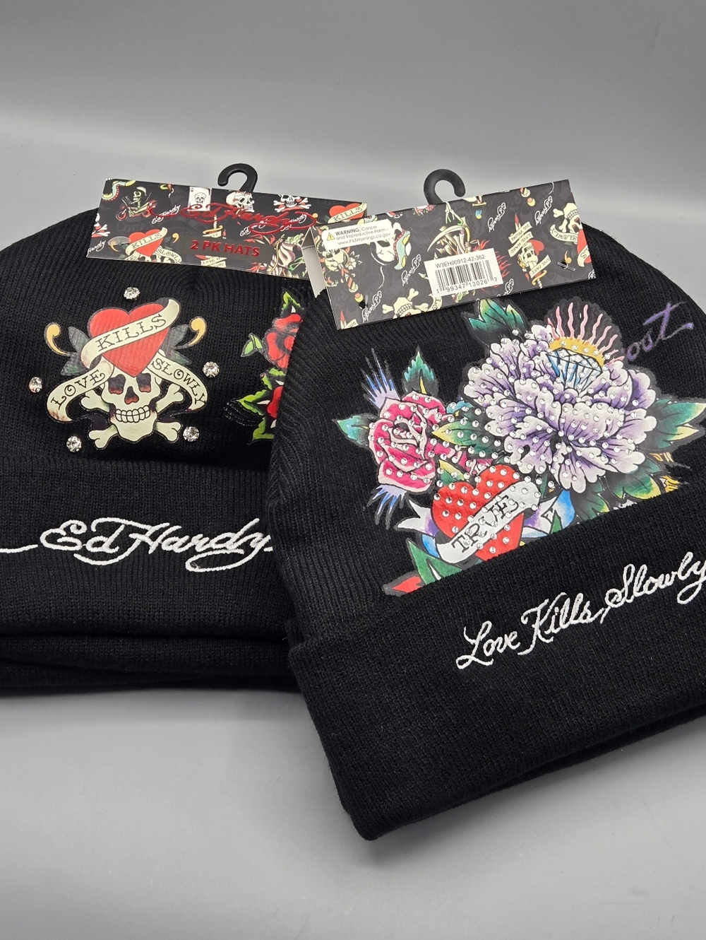 Ed Hardy Black 'Love Kills Slowly' Beanie Set Of 2 Hat
